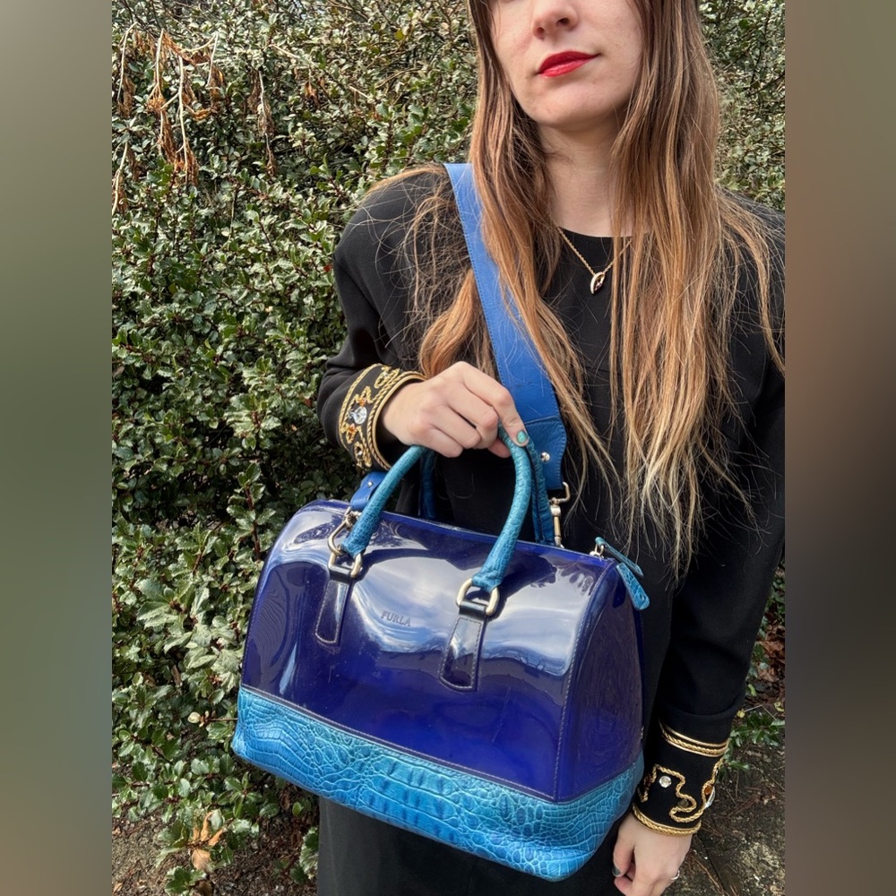Furla Blue Patent & Embossed Croc-Textured Shoulder Bag - Picture 3 of 10